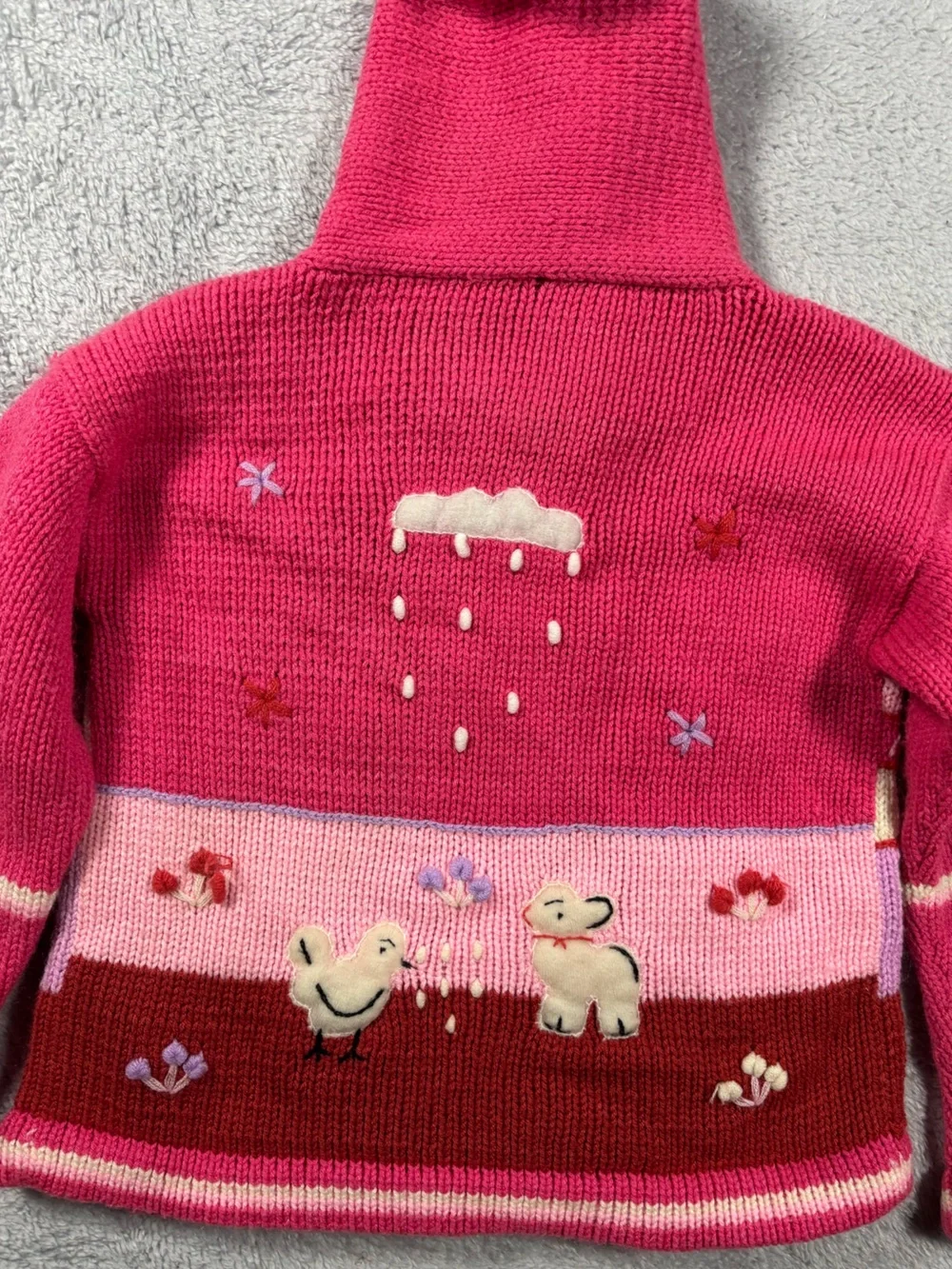 Pink Hooded Knit Zip-Front Sweater with Playful Animal Appliqués